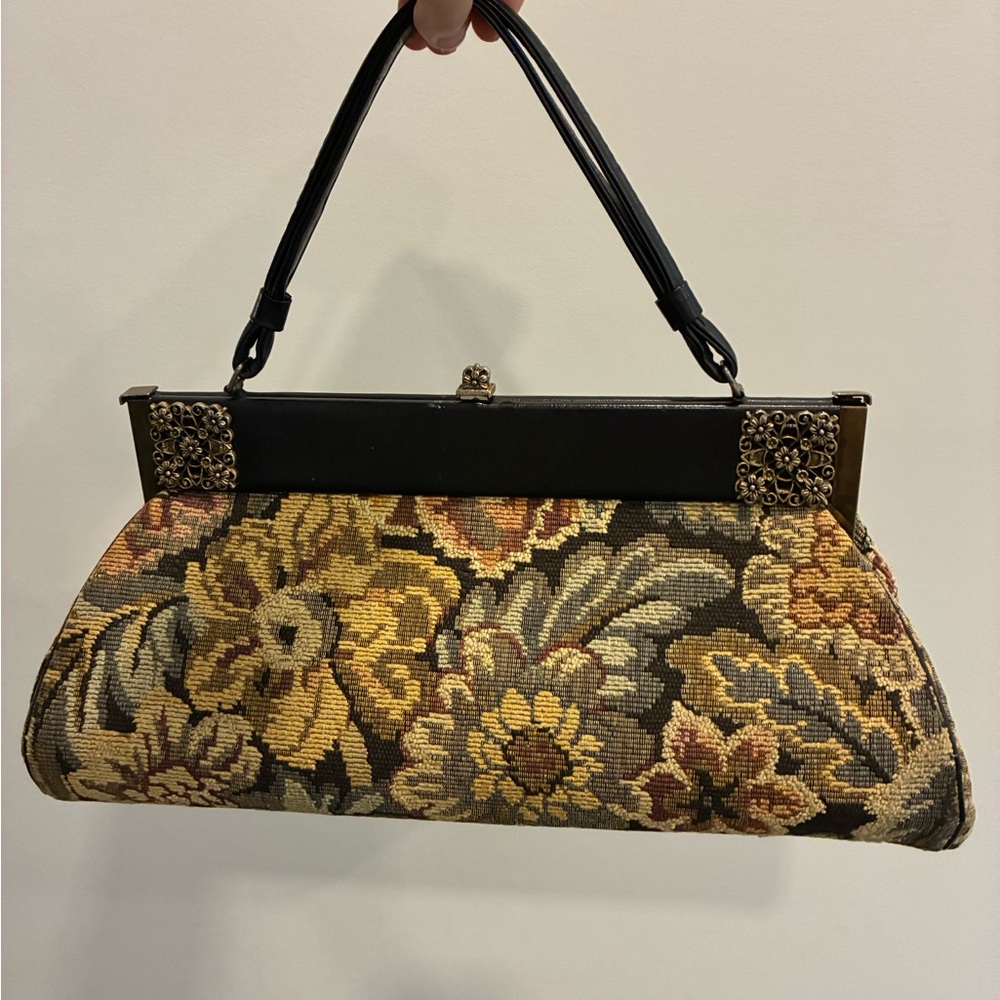 Vintage Floral Tapestry Clutch in Yellow, Brown and Black
